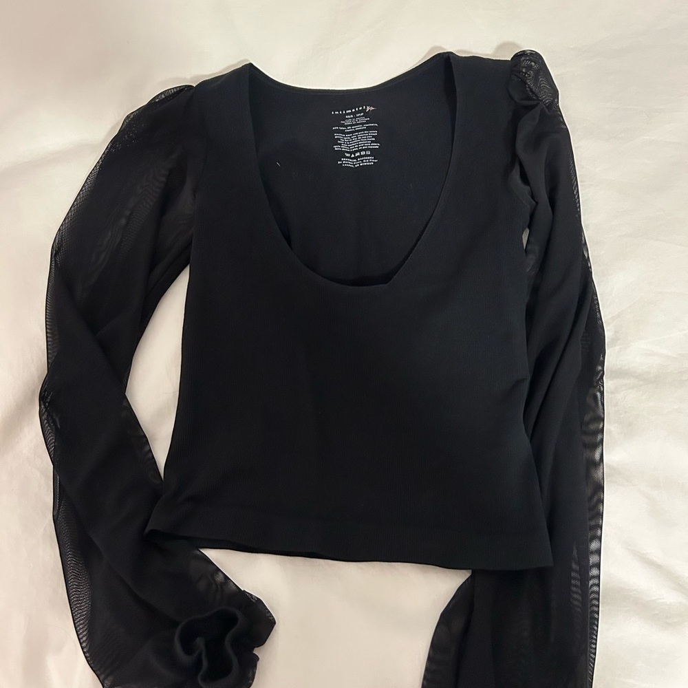 Free People Black Scoop Neck Long Sleeve Top with Sheer Mesh Sleeves